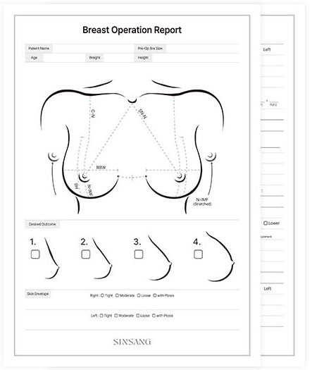 Breast Operation Report 가슴 디자인 차트(흉곽 계측선·원하는 모양 1~4)