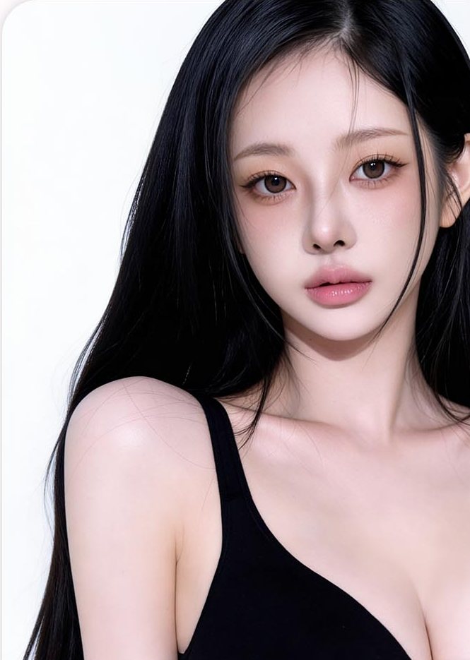 긴 흑발 여성 모델(검은 브라톱) — 크림 가슴성형 메인 비주얼
