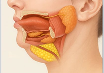 두꺼비목성형 — 턱 아래 단면 해부 일러스트(속지방·침샘 강조)