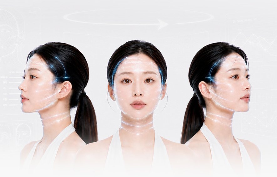 AI 얼굴 분석 라인이 표시된 여성 모델 옆·정면·옆 3컷