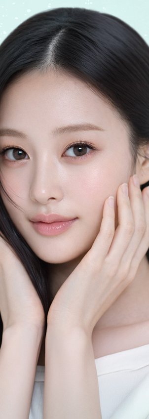 두 손을 볼에 댄 긴 생머리 여성 모델(흰 오프숄더) — 주변 효과 원형 글자 영역 제외