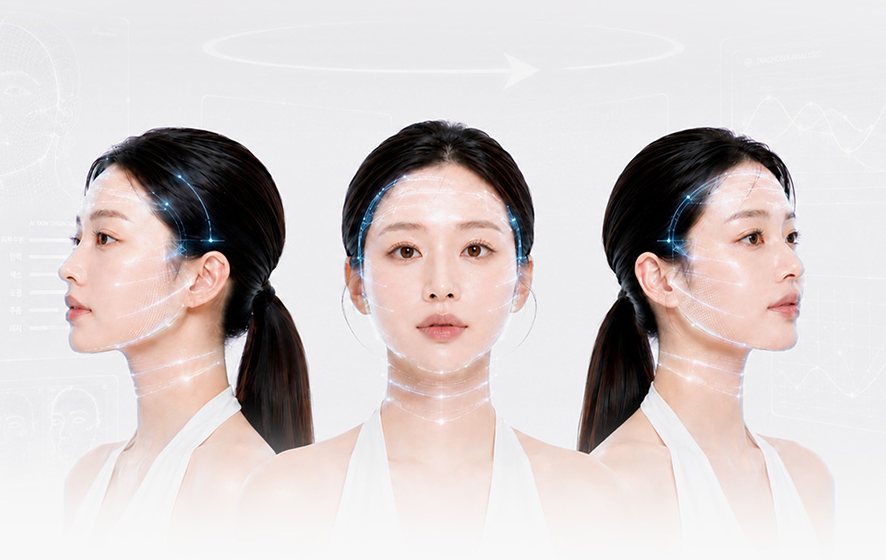 AI 얼굴 분석 라인이 표시된 여성 모델 옆·정면·옆 3컷