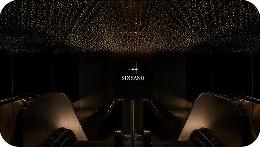 별빛 천장의 어두운 입구 라운지(SINSANG 로고)