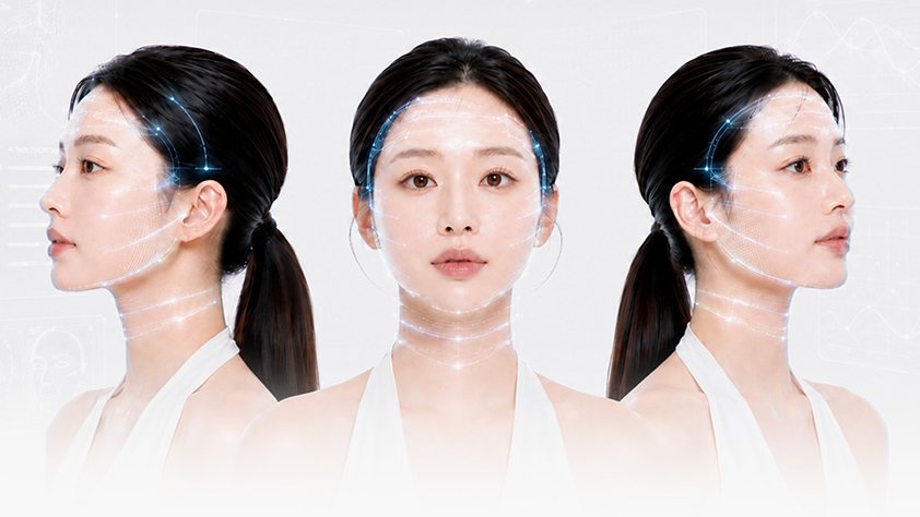 AI 얼굴 분석 라인이 표시된 여성 모델 옆·정면·옆 3컷