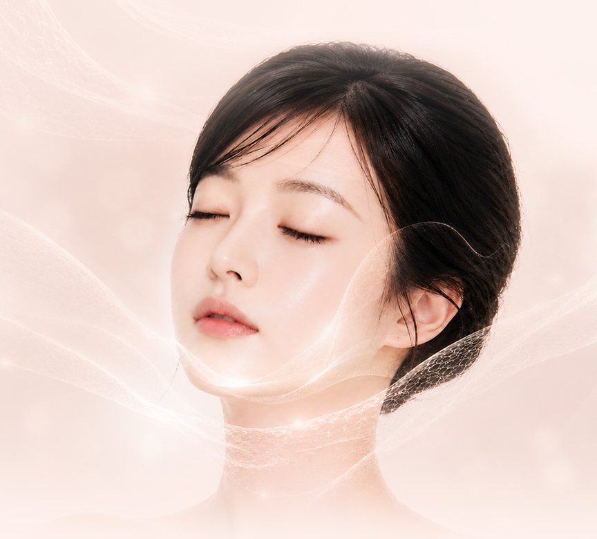 눈을 감고 고개를 든 여성 모델, 목·턱을 감싸는 반투명 그물 물결