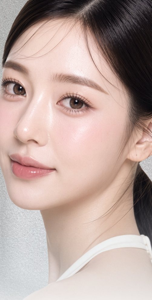 포니테일 여성 모델 얼굴(흰 홀터넥) — 쥬베룩 스킨 포스터 모델