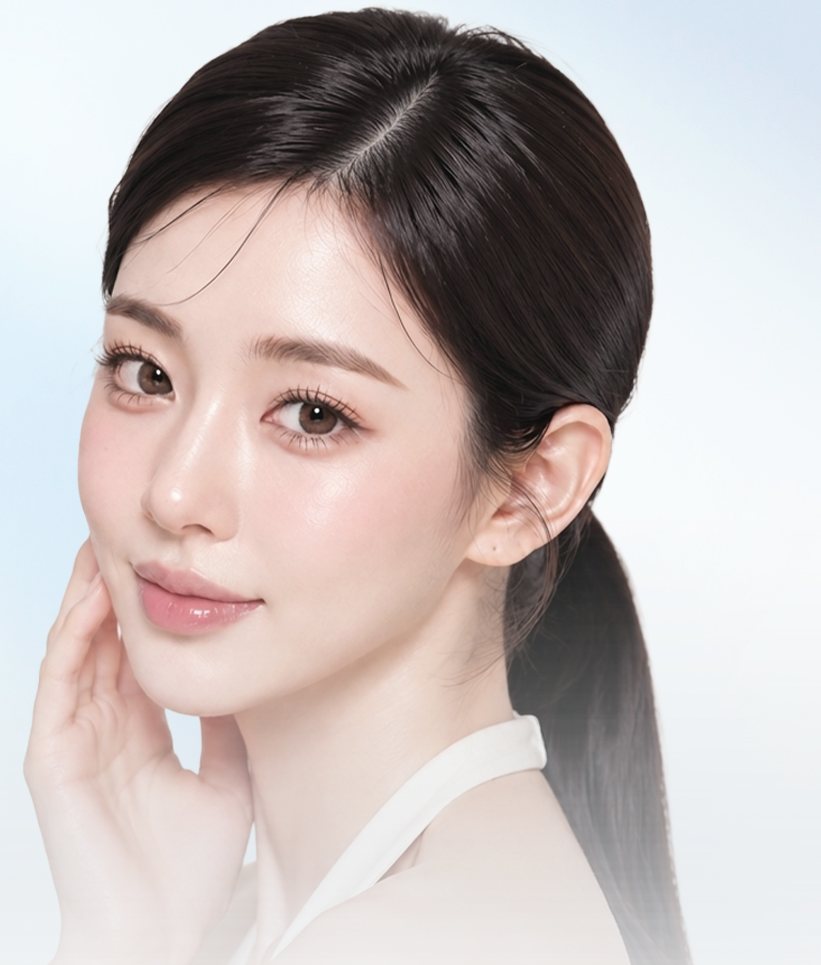 볼에 손을 댄 포니테일 여성 모델(하늘색 배경)
