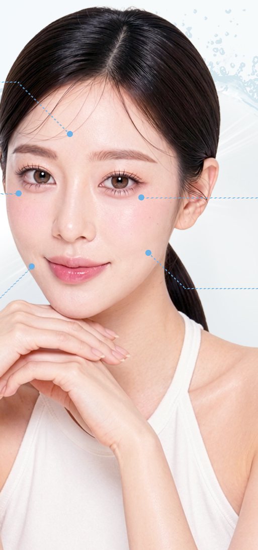 두 손을 턱 아래 모은 여성 모델(흰 홀터넥) — 개선 부위 표시점