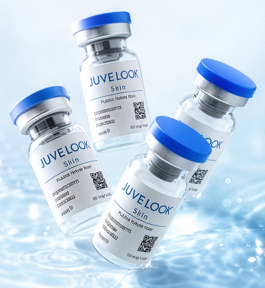 쥬베룩 스킨(JUVE LOOK Skin) 바이알 4병과 물결 배경 제품 사진