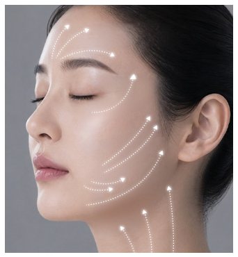 눈 감은 여성 옆얼굴 위 실 삽입 방향 점선 화살표
