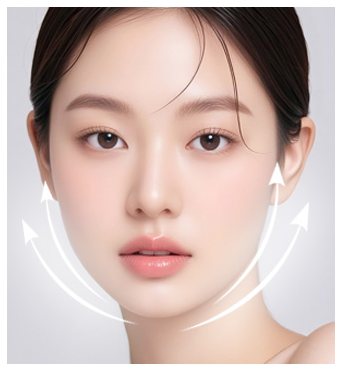 여성 모델 정면 얼굴과 턱선을 올리는 화살표