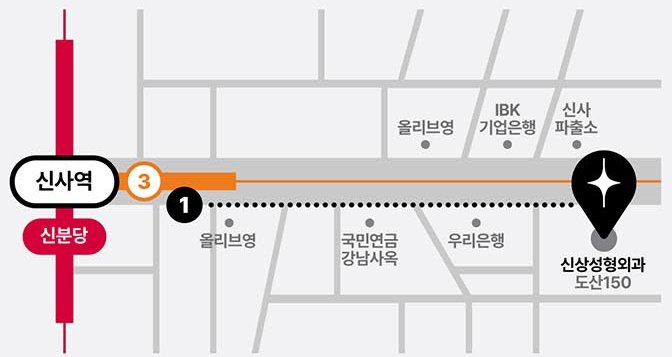 신사역에서 신상성형외과(도산150)까지 약도