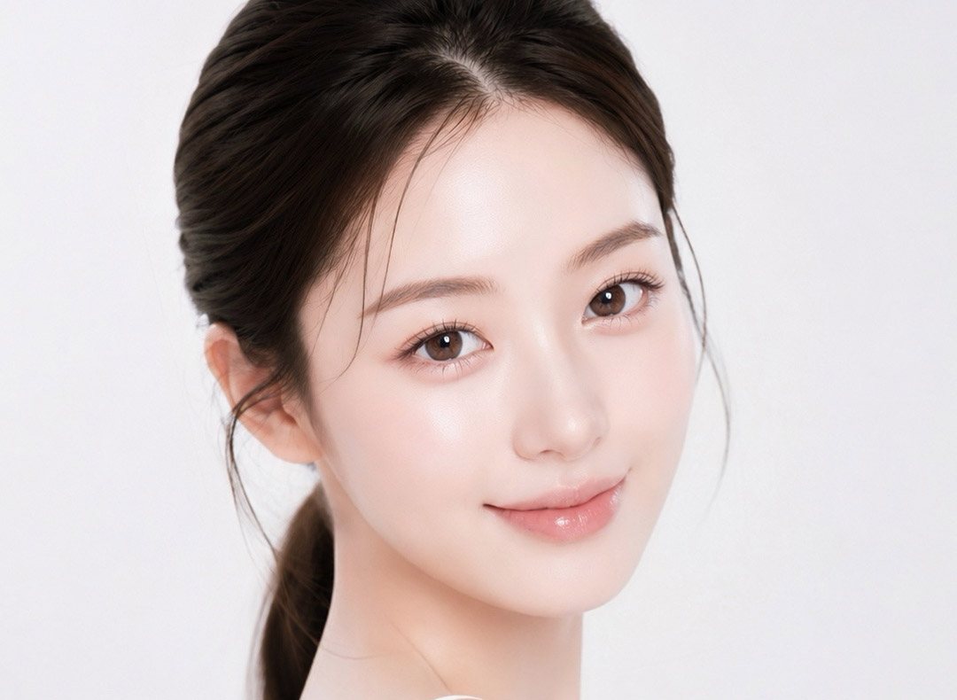 포니테일 머리의 젊은 여성 모델이 미소 짓는 얼굴(밝은 회색 배경)