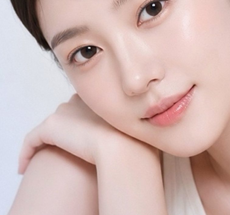 팔 위에 턱을 괸 여성 모델 얼굴 클로즈업