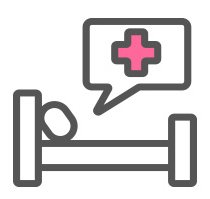 회복 기간 아이콘(침대에 누운 사람과 의료 십자 말풍선)
