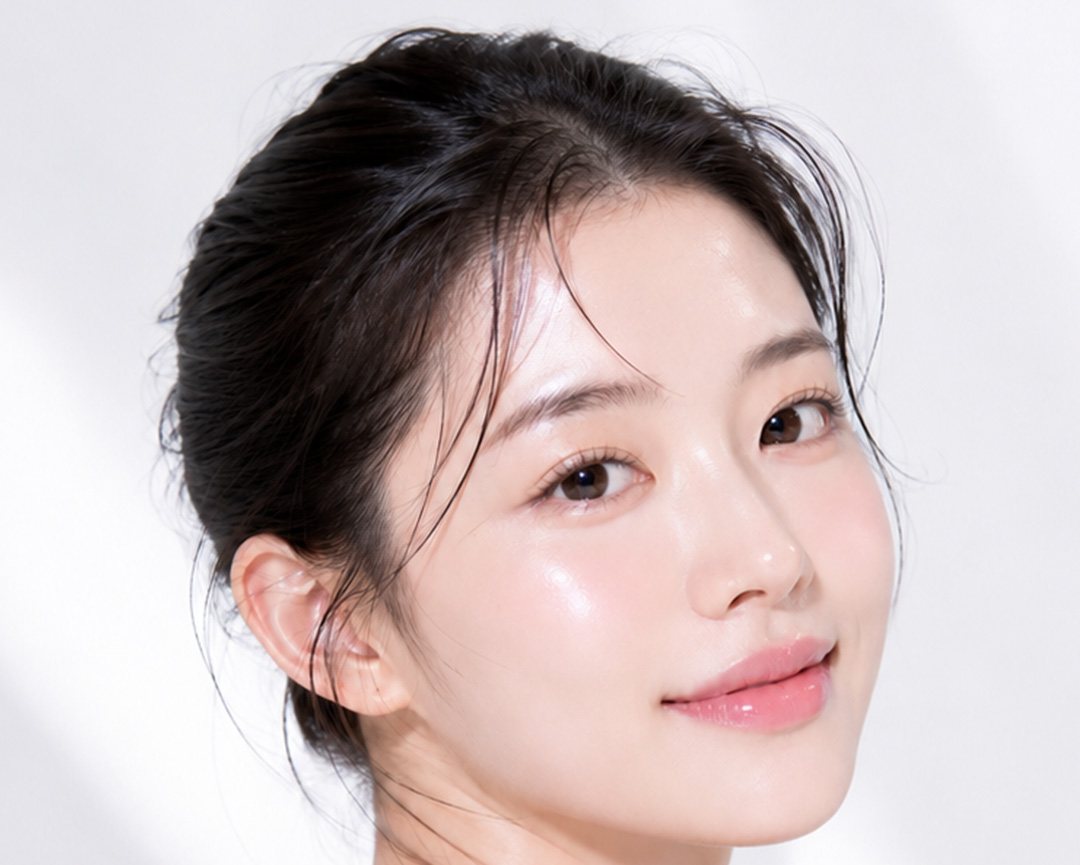 고개를 돌려 웃는 여성 모델(흰 민소매, 밝은 배경)