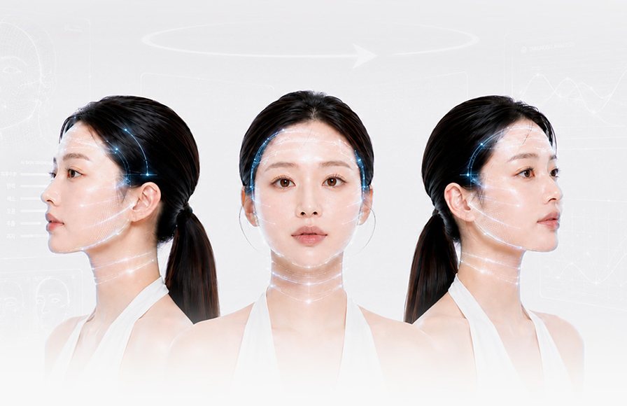 AI 피부분석 그래픽이 겹친 여성 모델 세 방향 얼굴