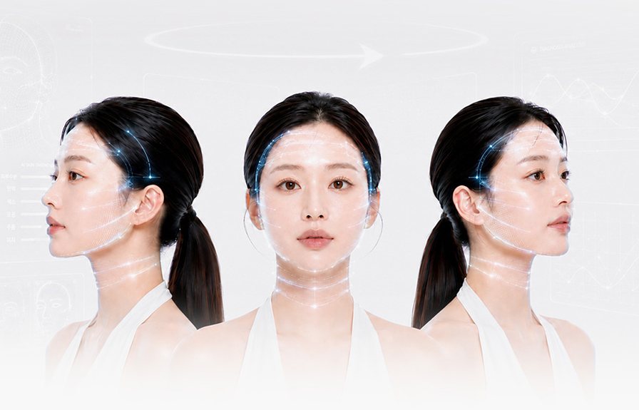 AI 피부분석 그래픽이 겹친 여성 모델 세 방향 얼굴