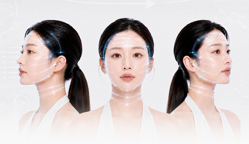 AI 얼굴 분석 그래픽이 겹친 모델 세 방향 얼굴