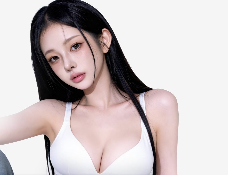 흰 브라를 입고 앉은 여성 모델