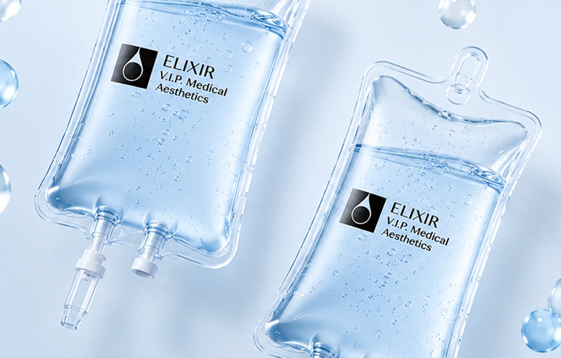 ELIXIR 수액 팩 두 개와 물방울
