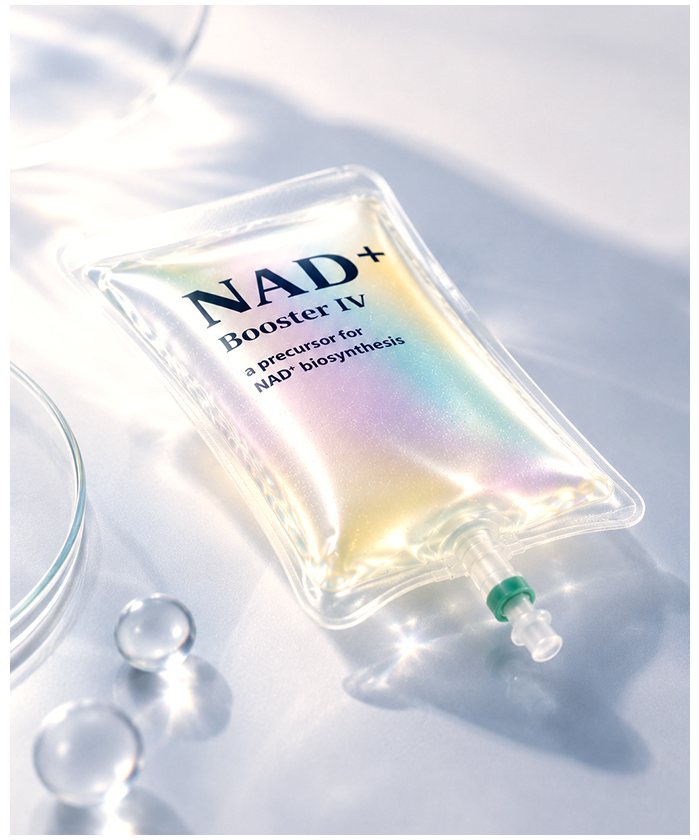 NAD+ Booster IV 수액 팩과 유리 구슬