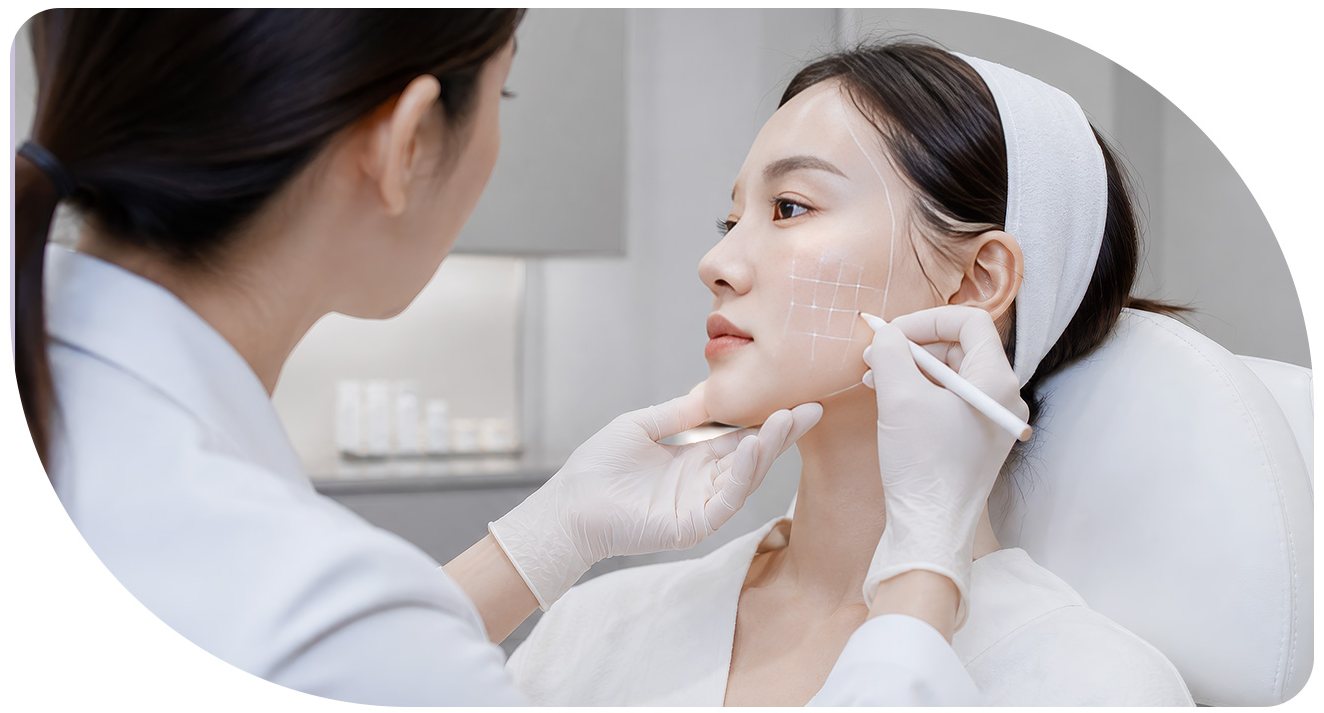 의료진이 환자 얼굴에 시술 부위를 표시하는 장면