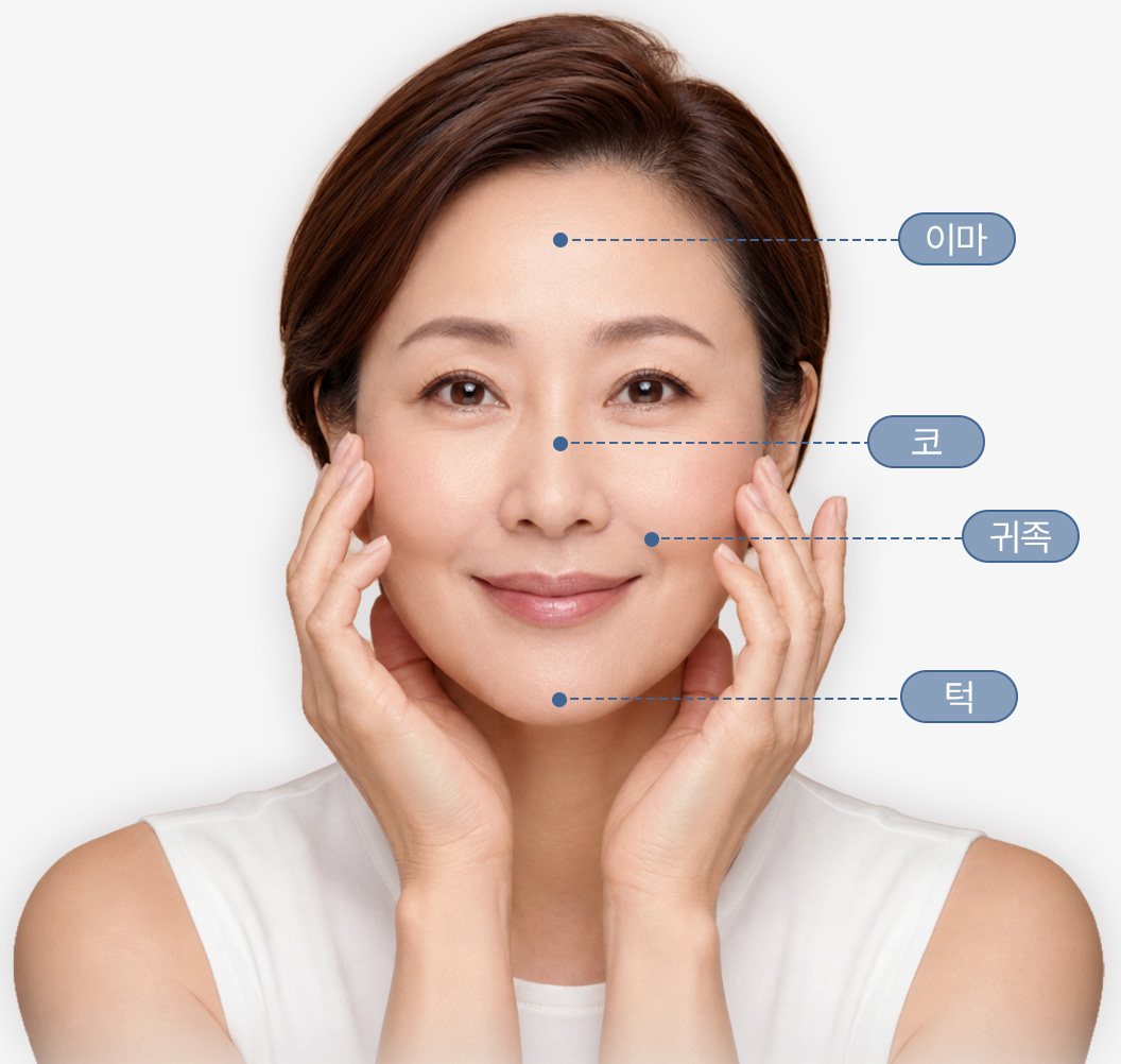 이물질제거 부위 표시(이마·코·귀족·턱) 모델 얼굴 도식