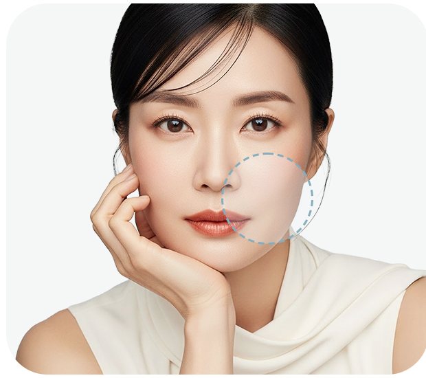 볼에 손을 댄 여성 모델, 팔자·심부볼 부위 원 표시
