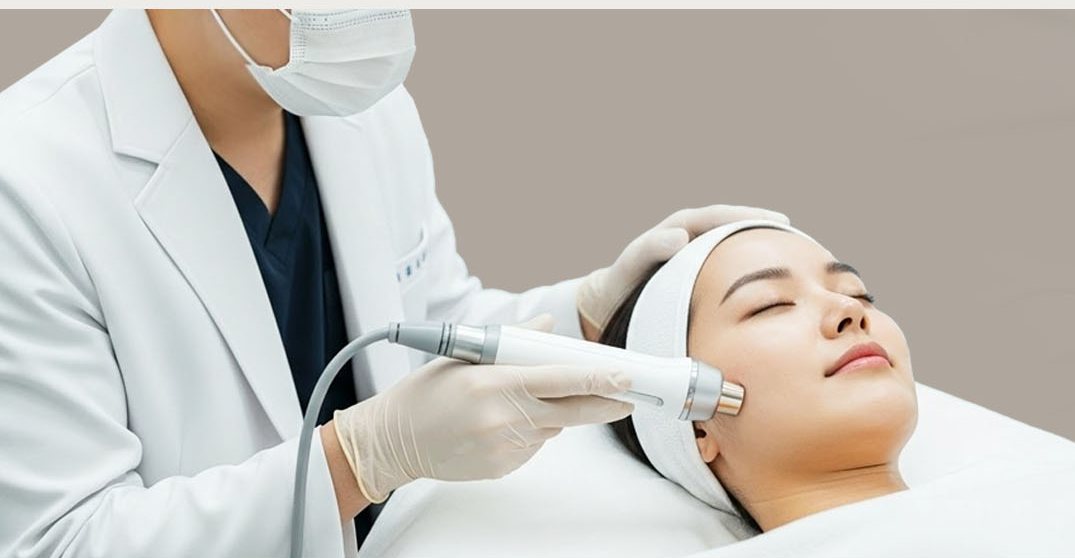의료진이 누운 환자의 얼굴에 관리 장비를 사용하는 장면