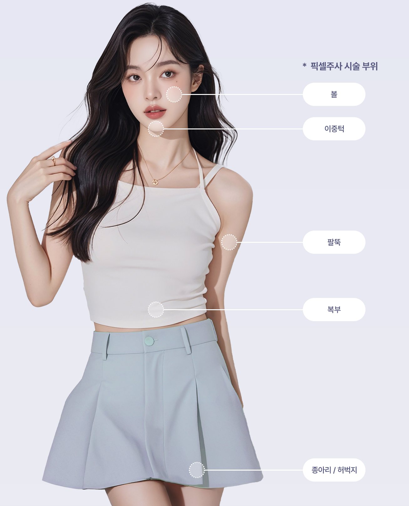 픽셀주사 시술 부위(볼·이중턱·팔뚝·복부·종아리/허벅지) 표시 모델