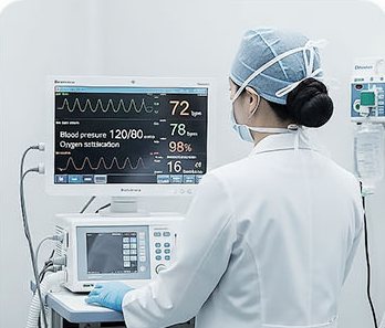 마취통증의학과 전문의 상주 — 마취 모니터링 장비 앞 의료진