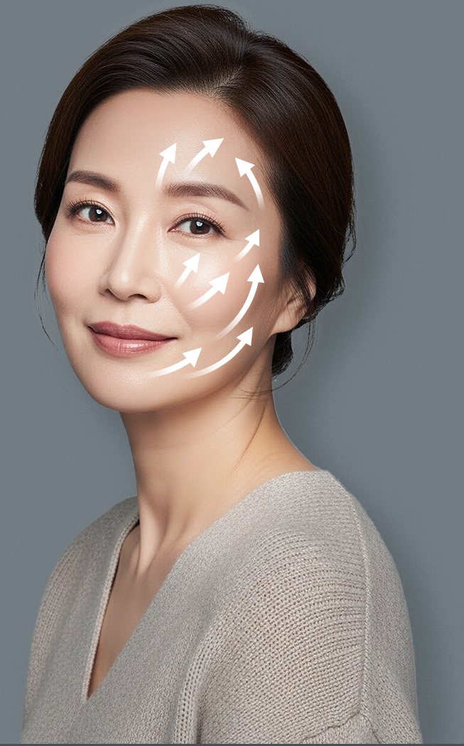 리프팅 방향 화살표가 표시된 중년 여성 모델