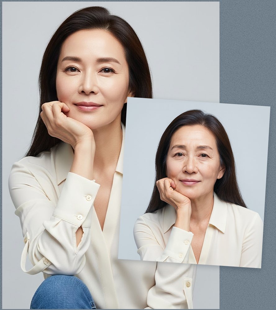 턱을 괸 중년 여성 모델 두 컷