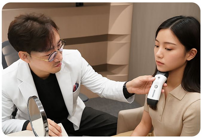 의료진이 환자 턱 부위를 초음파 기기로 살피는 상담 장면