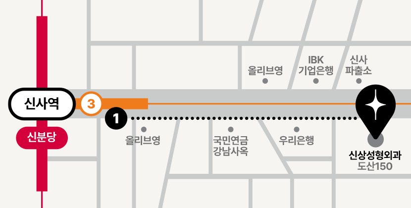 신상성형외과 오시는 길 지도(신사역 1번 출구 → 도산150)