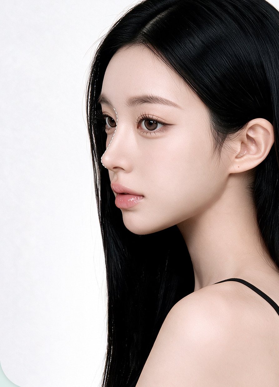 이마-콧대-코끝 곡선이 점선으로 표시된 옆모습 모델