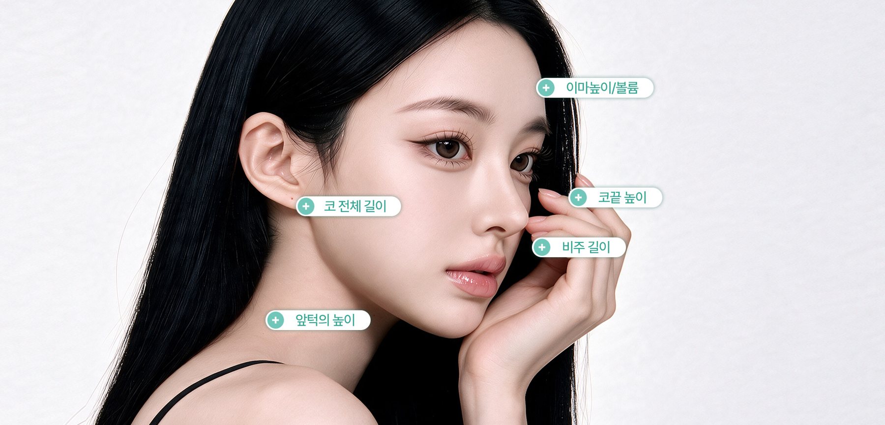 이마높이/볼륨·코끝 높이·코 전체 길이·비주 길이·앞턱의 높이 표시가 있는 모델 사진